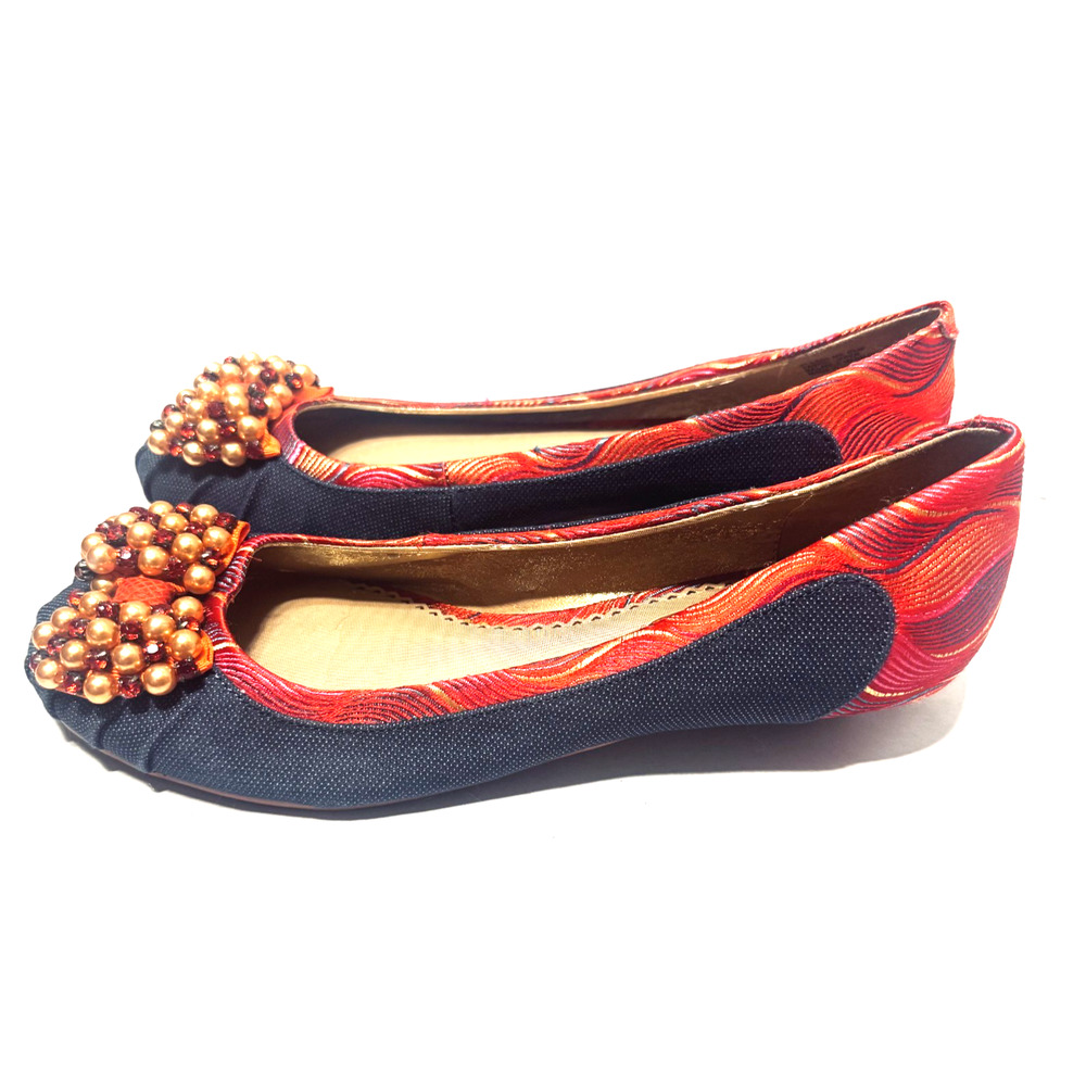 Poetic License London Please Me Ballet Flats Denim Beaded Kitten Heels 6.5/37